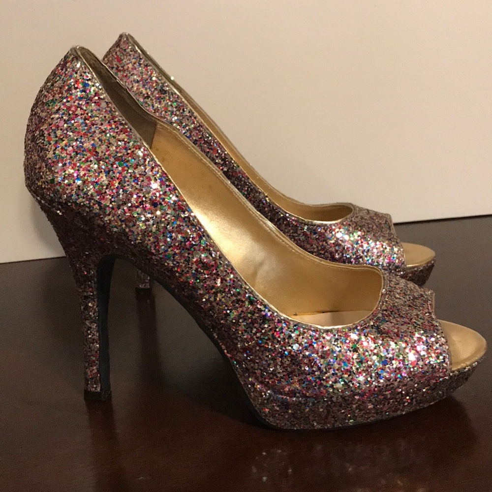 Candie’s Rainbow Glitter Peeptoe Heels 9M